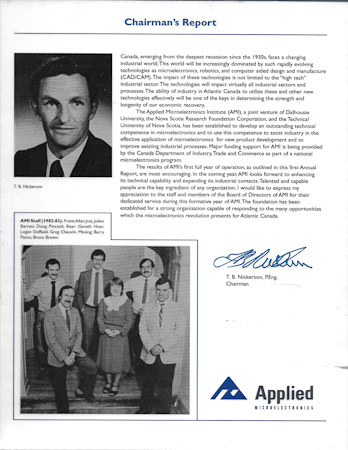 B>Page from First Annual Report 1982 </B><BR>From left to right in staff photo: Gareth Hoare, Al Jost, Logan Duffield, Jolien Barresi, Greg Chauvin, Doug Pincock